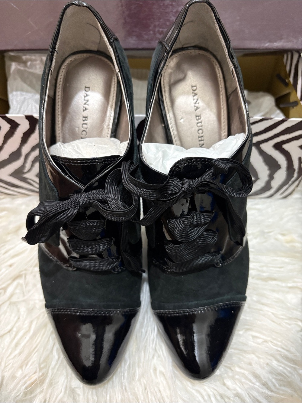 Dana Buchman Black Patent & Suede Lace-Up Pointed Booties